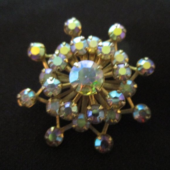 Vintage Aurora Borealis Rhinestone Brooch Earrings - Picture 2 of 6